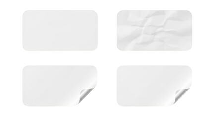 Four blank white rectangular stickers with rounded corners, isolated on transparent background