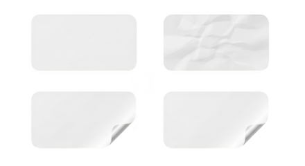 Four blank white rectangular stickers with rounded corners, isolated on transparent background