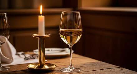 Romantic candlelit dining experience featuring wine glass and candleholder placed on a table
