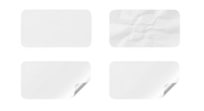 Four blank white rectangular stickers with rounded corners, isolated on transparent background