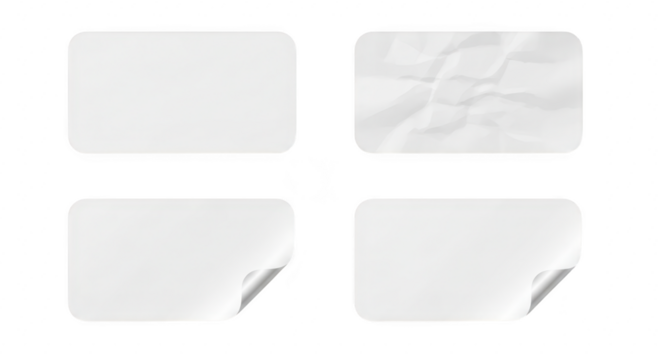 Four blank white rectangular stickers with rounded corners, isolated on transparent background