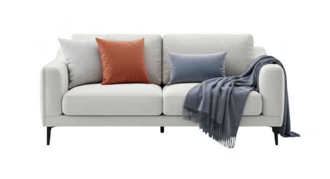 A modern white sofa with decorative pillows and a blue throw blanket, isolated on transparent background - Powered by Adobe