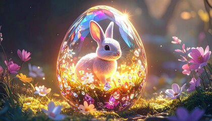 A whimsical white rabbit rests within a luminous, crystal egg nestled among vibrant flowers and glowing gems.