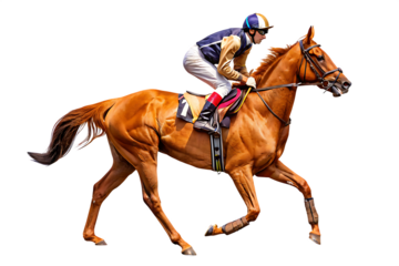 Chestnut horse and jockey racing at full speed isolated on a transparent background