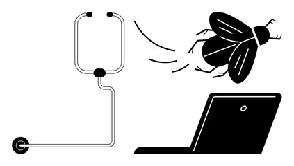 Bug flying over stethoscope and laptop symbolizing troubleshooting, diagnostics, problem-solving, and attention to technical issues. Ideal for technology, software, repair, healthcare, analysis