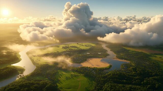 Aerial view of a peaceful valley covered by soft clouds under a glowing warm morning sky
