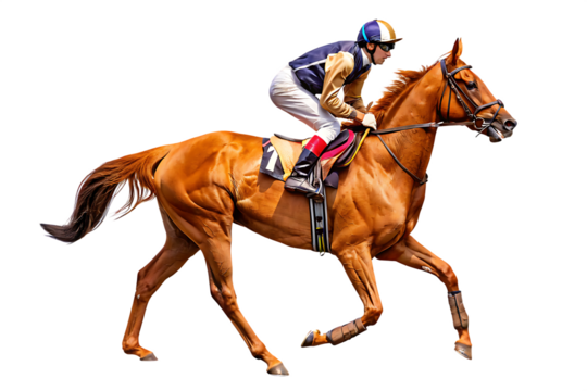 Chestnut horse and jockey racing at full speed isolated on a transparent background