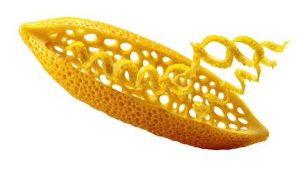 Close-up of a vibrant yellow seed pod, hollowed out, with intricate inner details
