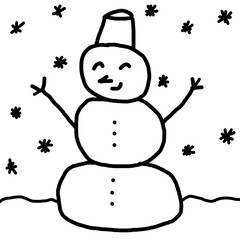 Hand-drawn doodle simple snowman under snowfall of snowflakes, naive child drawing svg.