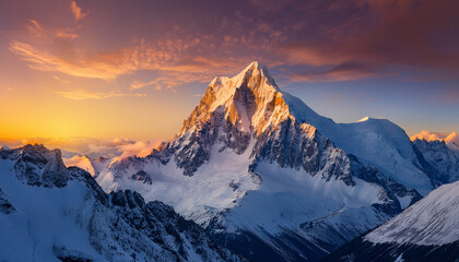majestic snow capped mountain peak reaching up to the sky at dramatic sunrise or sunset in a rugged pristine alpine landscape serene untouched wilderness with a sense of adventure and