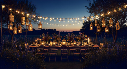 Romantic outdoor dinner setting at dusk, illuminated by lanterns and string lights, beautiful scene
