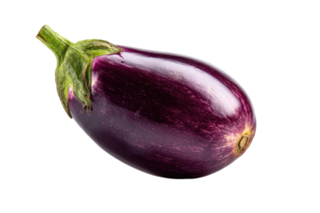 Single eggplant, vibrant purple hue, smooth skin, stem with leaves