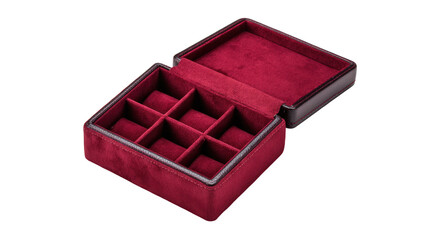 Crimson velvet jewelry box open, compartments, dark background, gift