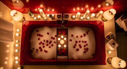 Romantic spa bathroom scene with candles rose petals a relaxing luxurious bath