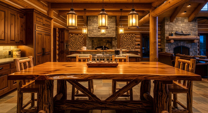 Rustic log cabin interior with wooden table and stone fireplace in the dining area