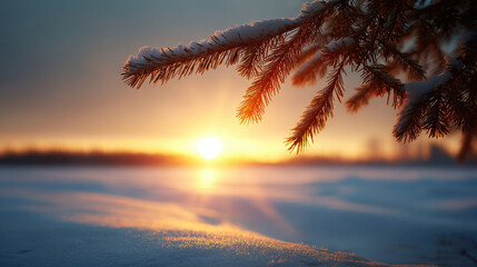 snowladen branches of majestic pine tree glisten under ultrabright sunset sky
