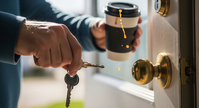 POV fumbling with keys and coffee while rushing out the door