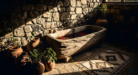Rustic Spa Setting: Wooden Bathtub Surrounded by Stone Walls and Sunlight