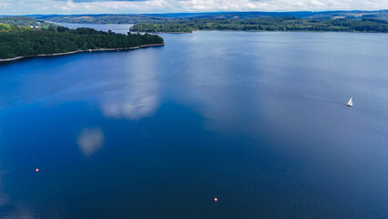 Aerial drone view of a huge stone dam on the lake Monetalsperre - Spermauer, Germany