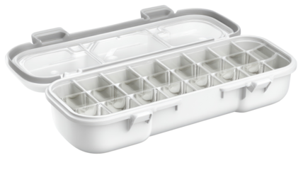 White plastic pill organizer open, compartments visible, studio shot, medication storage