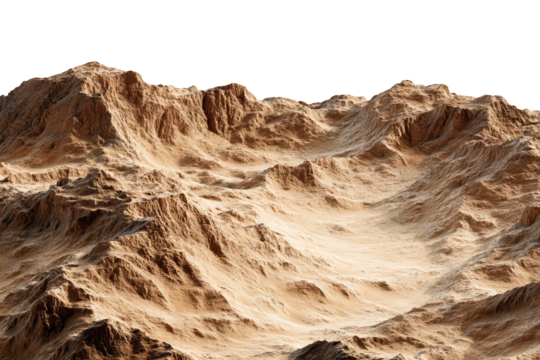 Sandy mountainscape digital rendering desert landscape, isolated on transparent background, perfect cutout, PNG