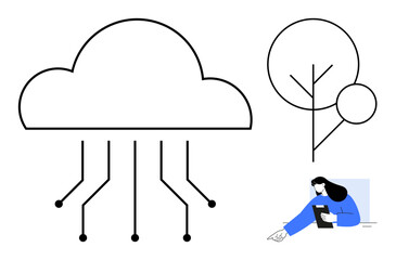 Cloud with circuit lines, abstract tree, person writing on tablet ideal for technology, nature, sustainability, innovation, remote work, environmental awareness, simple landing page