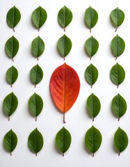 A striking visual design featuring a single, vibrant autumn leaf amidst a symmetrical pattern of lush, green leaves against a pristine white backdrop.