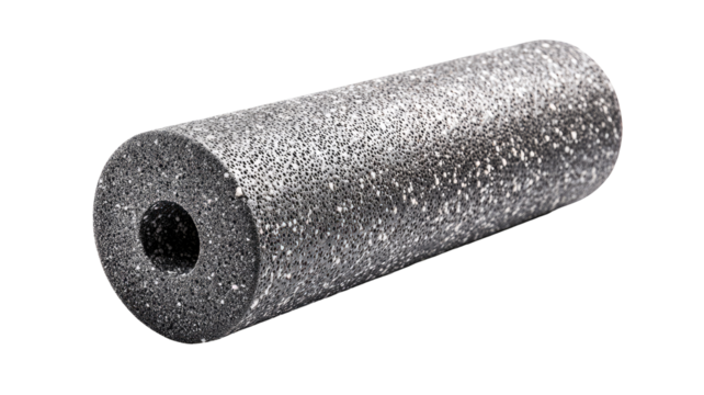 Gray cylindrical foam roller, slightly textured, with a central hole