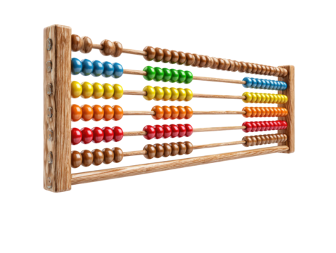 Wooden abacus with colorful beads.  Colorful beads on wooden rods.  Traditional calculating tool.  Long, horizontal frame.  Close-up view