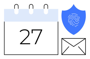 Calendar page with date, security shield featuring a fingerprint, and email envelope. Ideal for scheduling, cybersecurity, privacy, email organization, data protection, digital tools simple flat