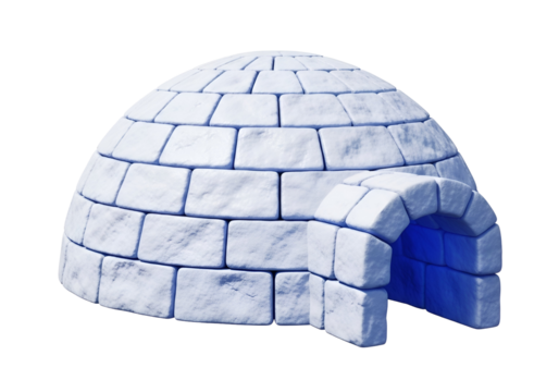 A stylized, light-blue igloo, constructed from square blocks, stands out against a dark background.
