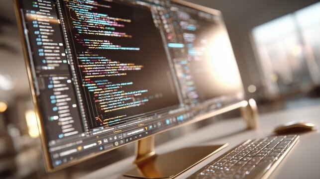 Modern desktop monitor with colorful programming code for software development and technology branding visuals.

