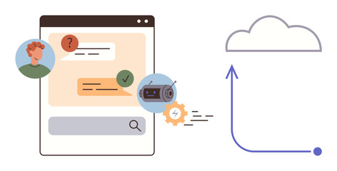 Chat interface with user messages, chatbot, and AI icons uploading data to cloud. Ideal for messaging, AI chatbots, cloud technology, team collaboration, automation, data exchange digital support