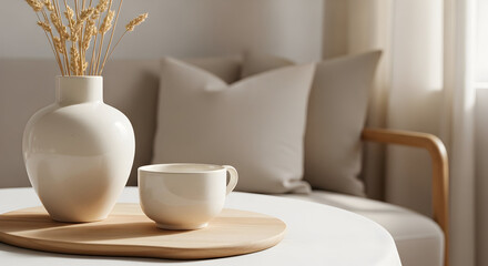 Serene Arrangement Of Neutral Tones: Vase, Cup, And Natural Light In Decorative Aesthetic