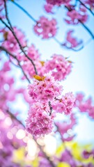 Fototapeta premium Close-up of vibrant pink cherry blossoms against a soft blue sky