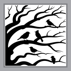 Obraz premium Silhouette Serenity A Winter Tree Scene with Birds in Stark Contrast Black and White Graphic Art