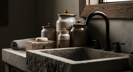 Serene Bathroom Composition Showcasing Organic Textures and Minimalist Design Aesthetic
