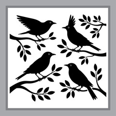 Bird Silhouettes on Branches Graphic Art Illustration of Wildlife in Nature Scenery for Home Decor and Crafts