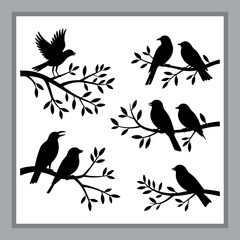 Silhouette of Birds Perched on Branches against a White Background, Presented in a Frame, Evoking a Sense of Nature and Peace
