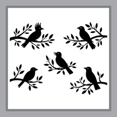 Silhouette of Birds Perched on Branches against a White Background, Presented in a Frame, Evoking a Sense of Nature and Peace