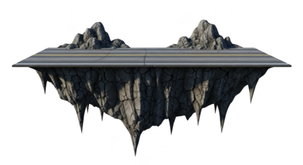 A floating island with rocky mountains and a road on top, isolated on transparent background