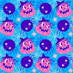 Autumn harvest vegetable seamless monster Halloween pumpkins pattern for wrapping paper and fabrics