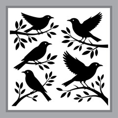 Birds Perched on Bare Branches: A Silhouette Depiction of Wildlife in Winter