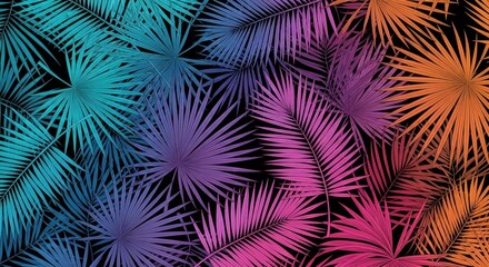 Vibrant Palm Fronds: Gradient Color Tropical Leaf Pattern on Black