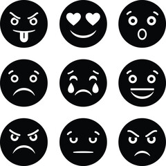 Art & IllustrationBlack and White Emoji Icon Set, Expressive Faces Emotions Pack, Sad, Angry, Happy, Love, Cry, Vector Symbols Design
