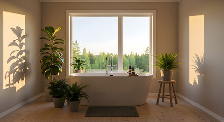 Serene Bathroom Interior With Bathtub And Natural Light Overlooking Forest Scenery