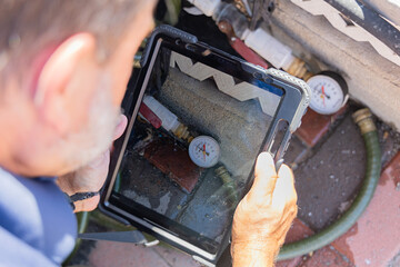 home inspector taking a picture of a water pressure meter, inspecting water pressure