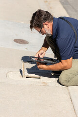 Home inspector inspecting water meter on the side of the road