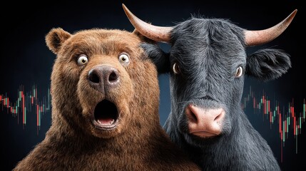 A bear and bull face off, representing stock market trends against a financial graph background.