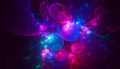 Abstract fractal artwork with vibrant glowing spheres and flowing lines